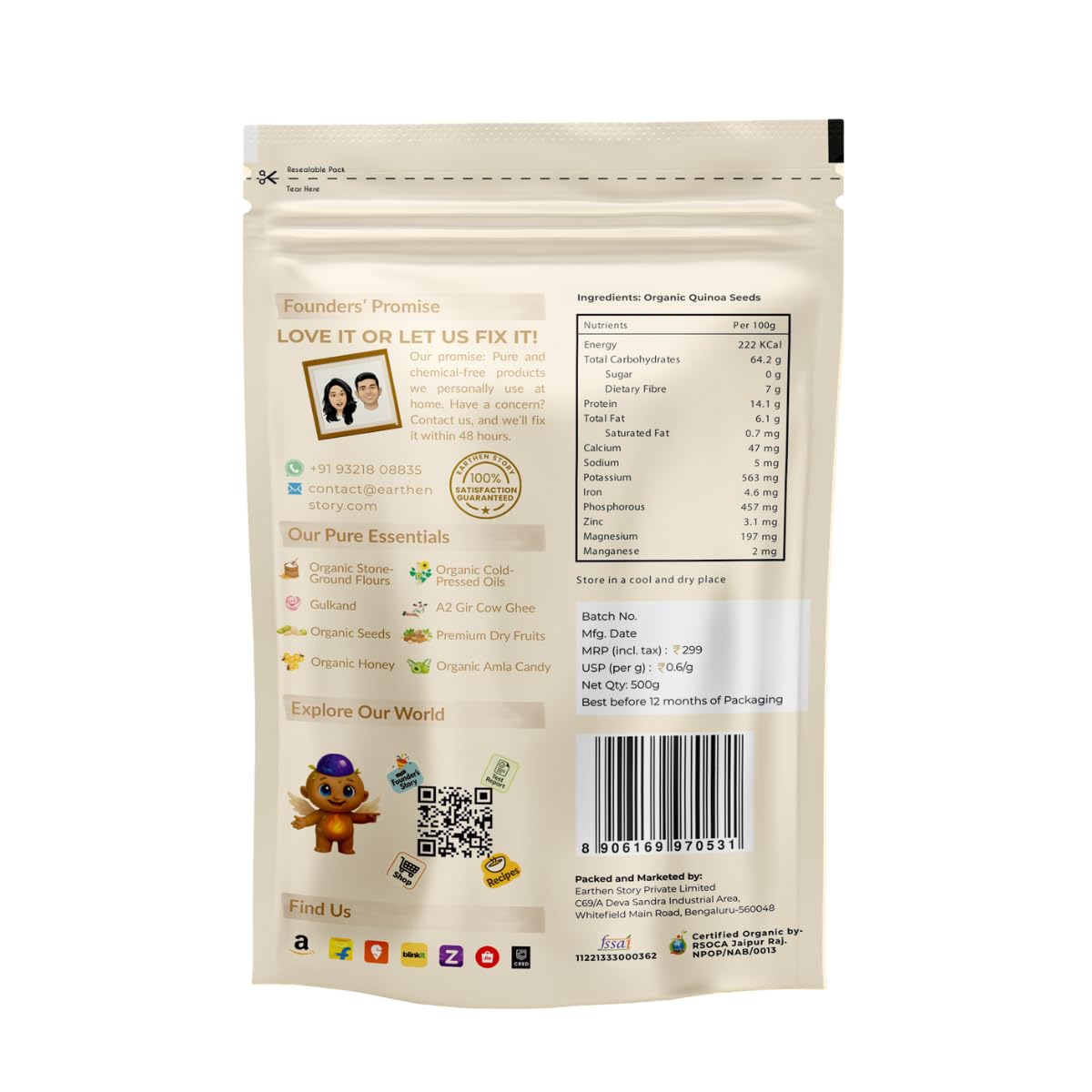 Earthen Story Certified Organic Raw Quinoa Seeds 500 g | Lab Tested for 200+ Pesticides | NPOP Approved & Traceable with Transaction Certificate | Gluten-Free, High Protein & Fibre