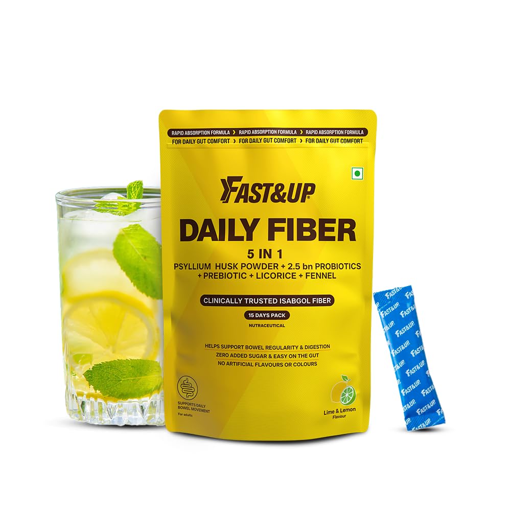 Fast&Up Daily Fiber Isabgol Powder | Psyllium Husk | Fiber Supplement Powder | Constipation Relief | Digestion and Gut Health | Lime & Lemon Flavour | 15 Servings