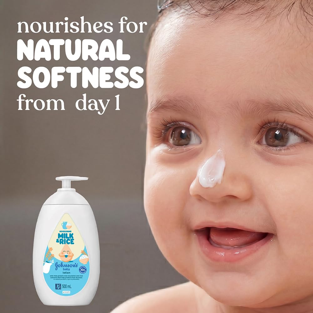 Johnson's Baby Milk & Rice Lotion 500ml | Moisturizes & Nourishes Sensitive Skin | With Milk Protein, Rice Extracts & Multivitamin Complex | Hypoallergenic, pH Balanced | No Parabens or Sulphates
