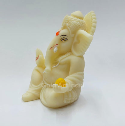 Gold Art India Ivory Finish Gaddi Ganesh Idol for Car Dashboard Small Ganesha Murti Ganpati Idol for Home Decor Puja Lord Ganesh Statue Gift for Office Desk Puja Room Figurine