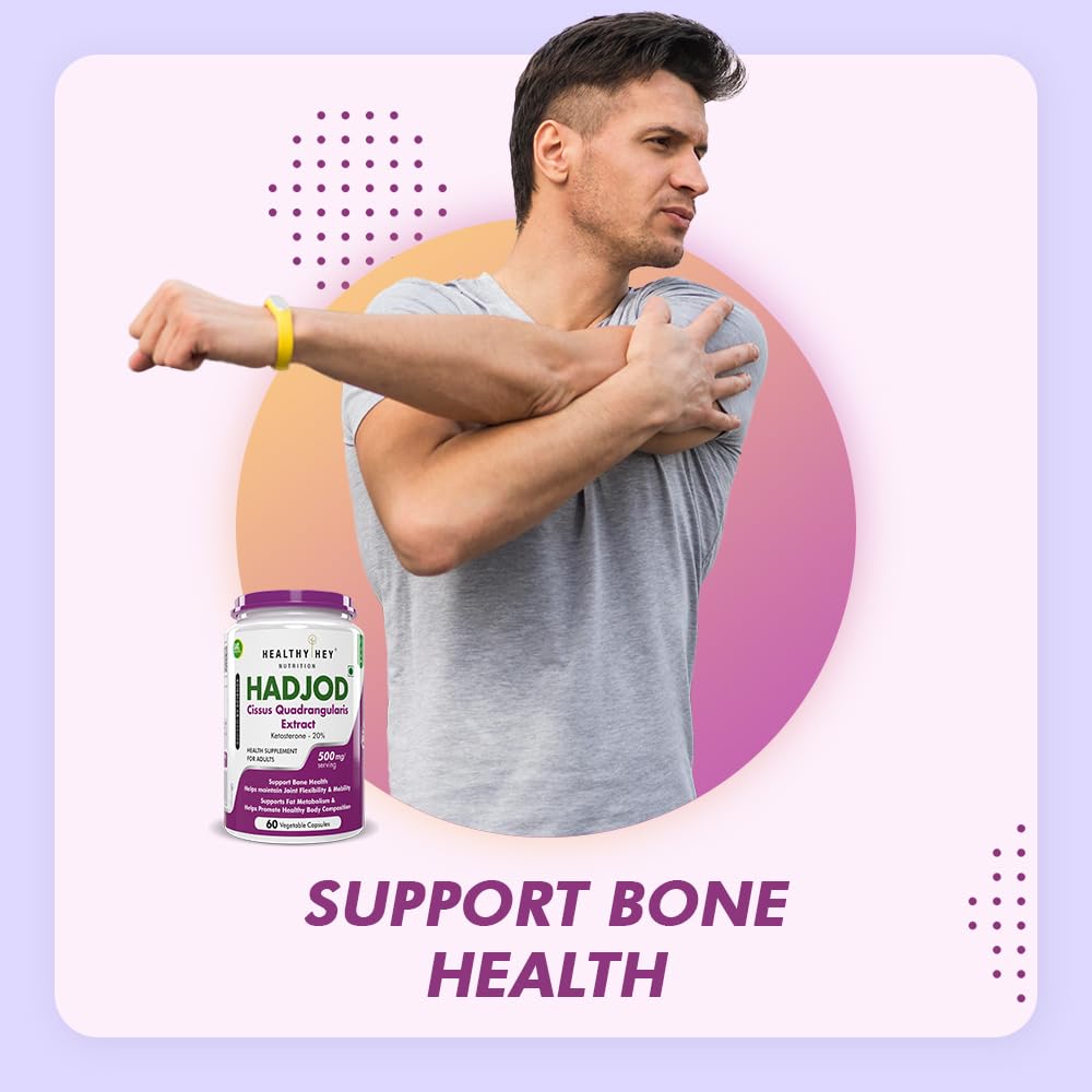 Man with arm pain holding a supplement bottle labeled 'HADJOD' on a light purple background.