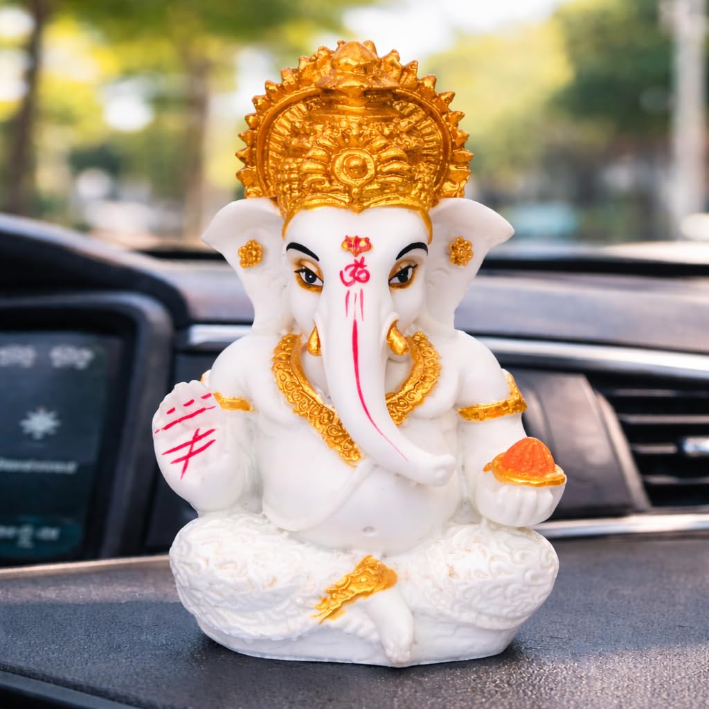 White & Gold Ganesh Idol with Decorative Foam Flower – 3.5 Inch Polyresin Ganesha for Car Dashboard, Home, Office & Housewarming Gift – Auspicious Vastu Decor