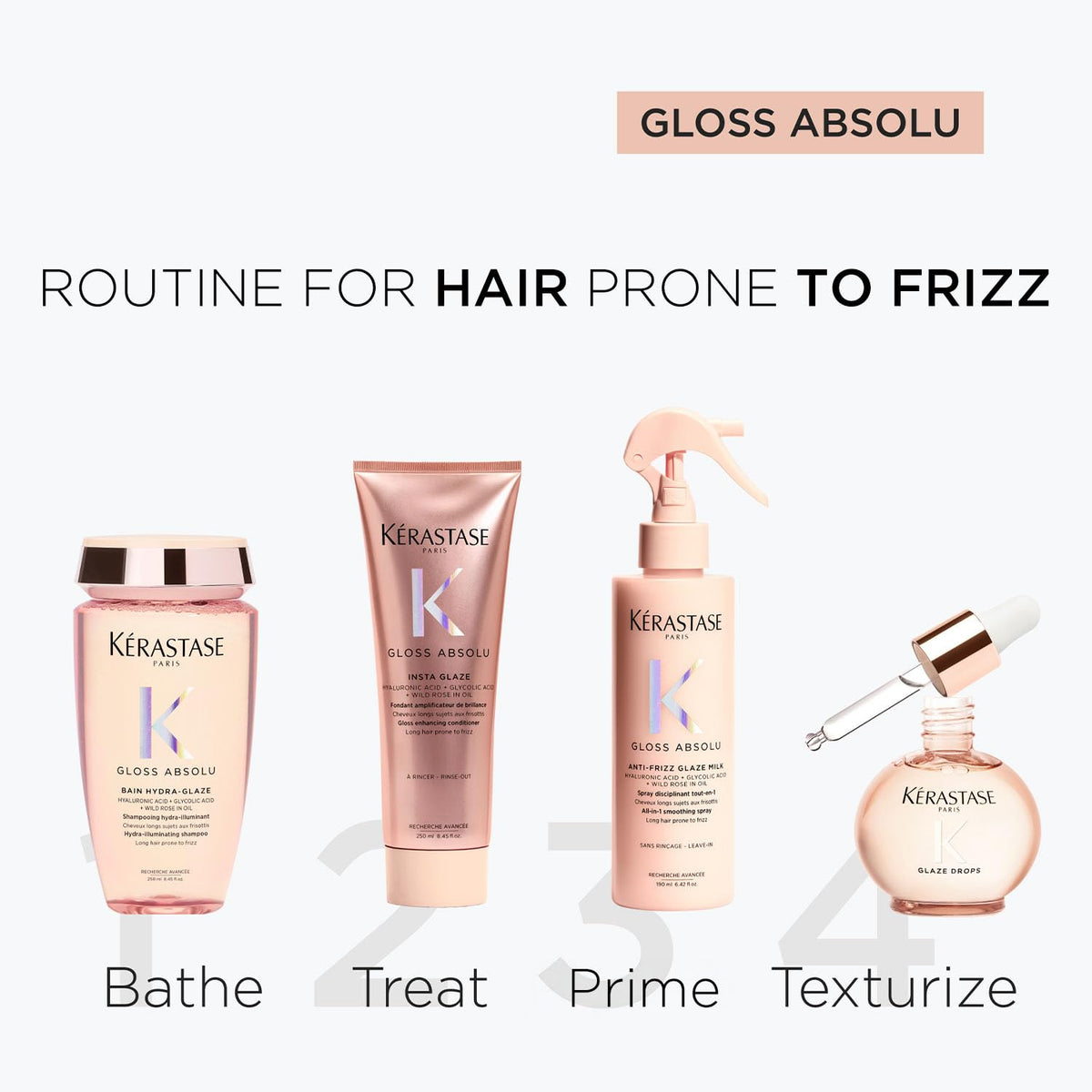 Kerastase hair care products with a routine for frizzy hair on a white background
