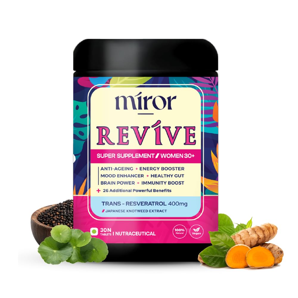 Miror Revive Anti-Aging & Women’s Daily Wellness Supplement with Resveratrol, Glutathione, Curcumin, Probiotics & CoQ10, Energy, Skin Glow, Gut Health & Immunity Support, Non-GMO, (30 Days Pack)