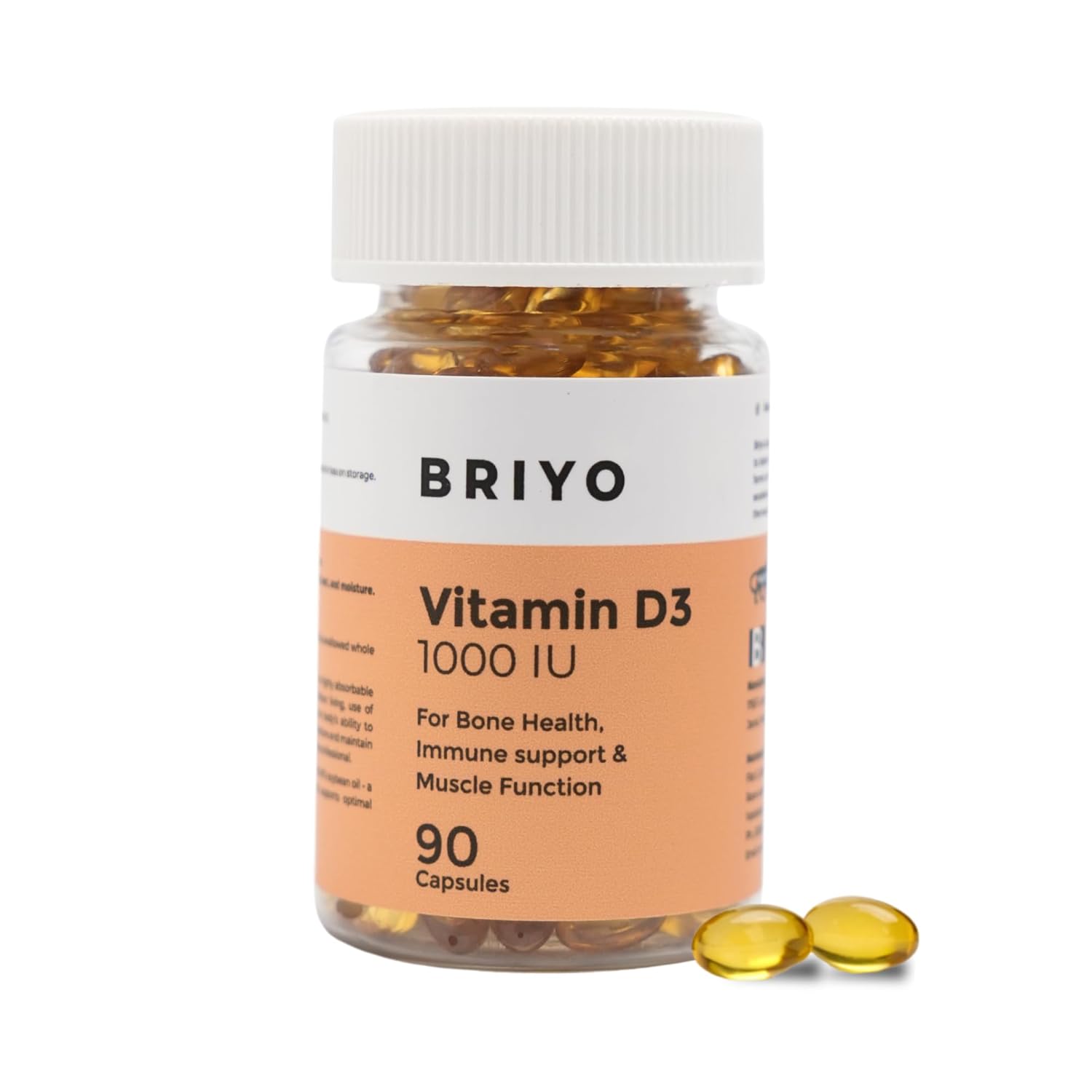 Bottle of Briyo Vitamin D3 1000 IU capsules on a white background