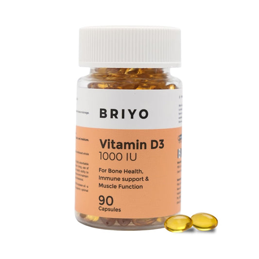 Bottle of Briyo Vitamin D3 1000 IU capsules on a white background