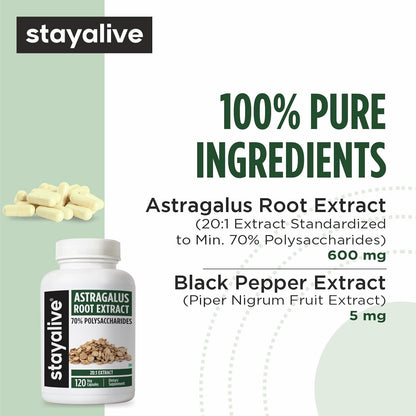 STAYALIVE Astragalus Root Extract 600mg, 70% Polysaccharides, 120 Capsules