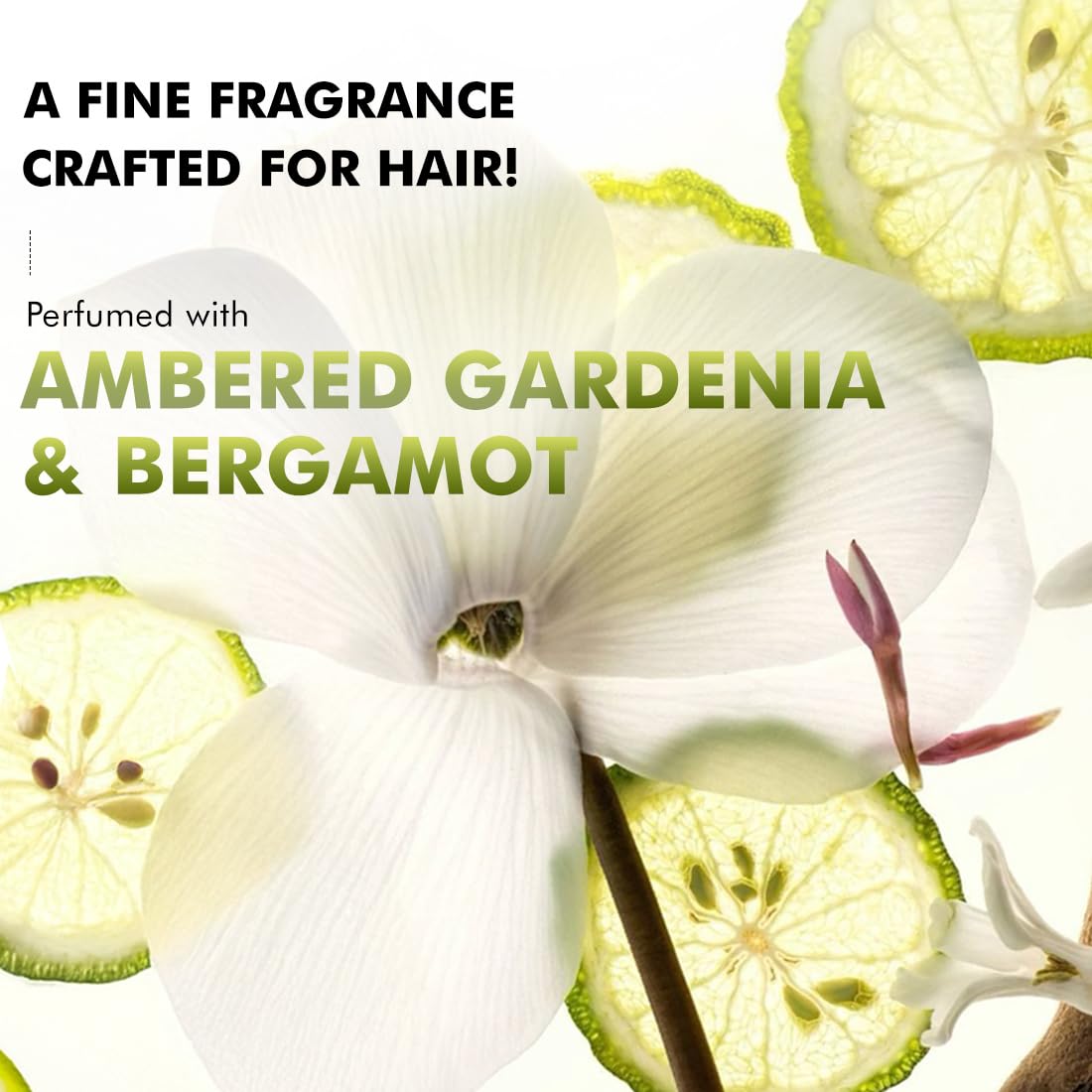 Advertisement for a hair fragrance featuring ambered gardenia and bergamot with floral and citrus elements.
