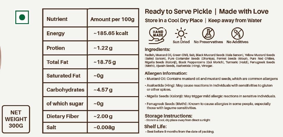 The Pickle Project | Home Made Desi Mooli Ke Achar – 300 gm | Radish Pickle| 100% Natural, No Preservatives | Handcrafted with Authentic Spices | Taste of Darjeeling