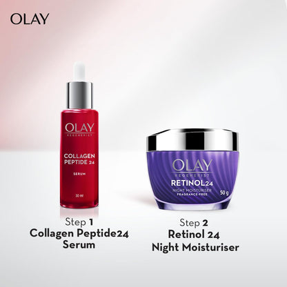 Olay Collagen Peptide 24 Serum and Retinol 24 Night Moisturizer on a white background