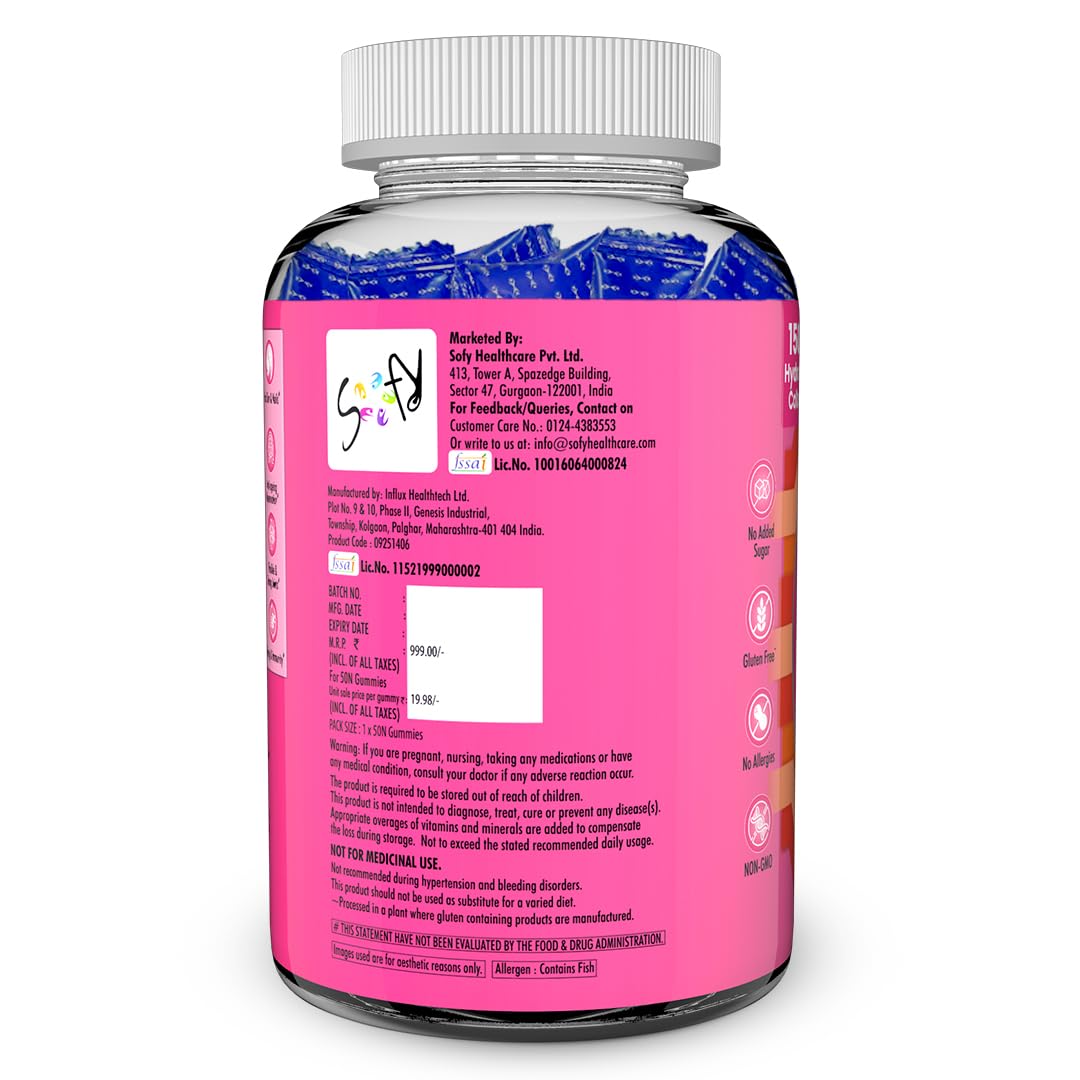 Vitamin supplement bottle with pink label and blue contents on a white background