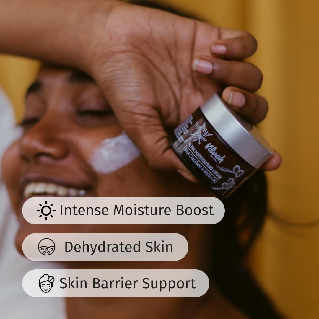 Vilvah Ultra Moisturising Cream for Face | Lightweight, Non-Greasy Moisturiser | Hydration & Skin Barrier Repair| With Olive Squalane, White Lily & Goji Berry | For All Indian Skin Types | 50g