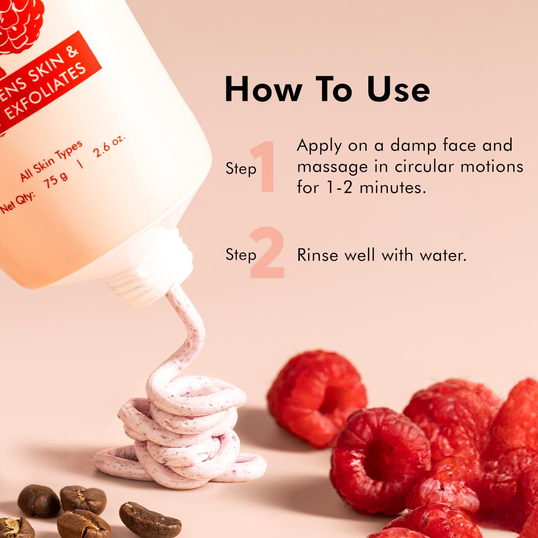 Product packaging with raspberries and coffee beans on a pink background, showing usage instructions.