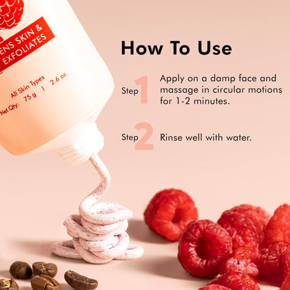 Product packaging with raspberries and coffee beans on a pink background, showing usage instructions.