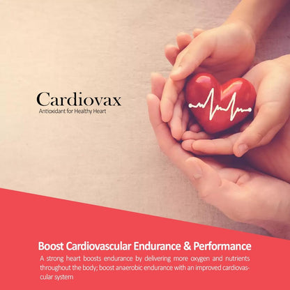 Two hands holding a red heart with a Cardiovax logo and text about cardiovascular health.