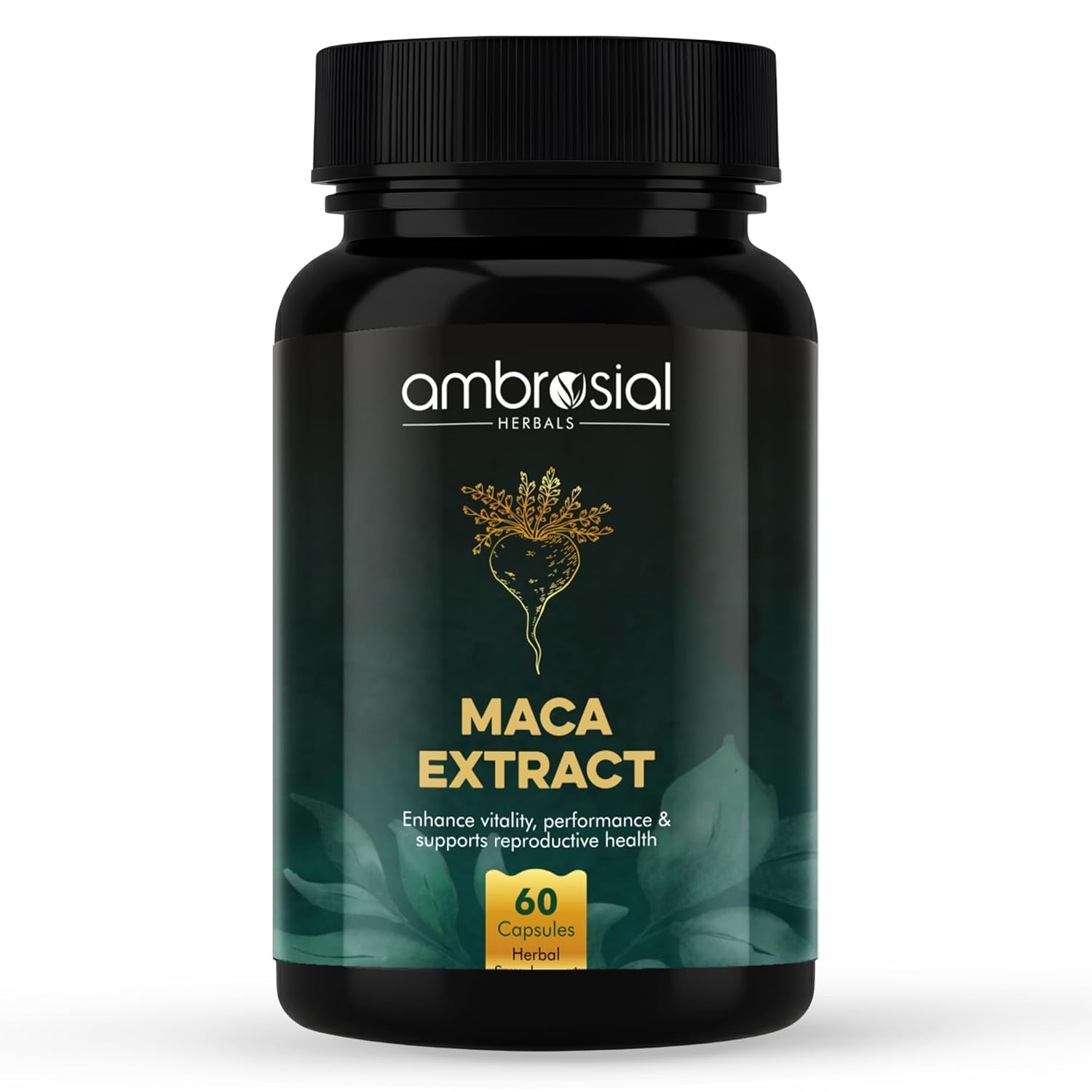 Black bottle of Ambrosial Maca Extract on a white background