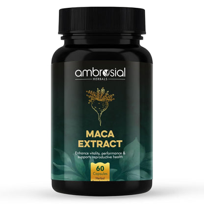 Black bottle of Ambrosial Maca Extract on a white background
