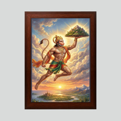 Hanuman Carrying the Sanjeevani Mountain Wall Art | Brown Frame | 10 x 13.5 Inch