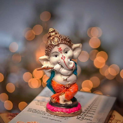Handcrafted Resin Flute Ganesha Idol Showpiece for Home Decor Office Dashboard Temple Spiritual Gift Figurine 15 cm