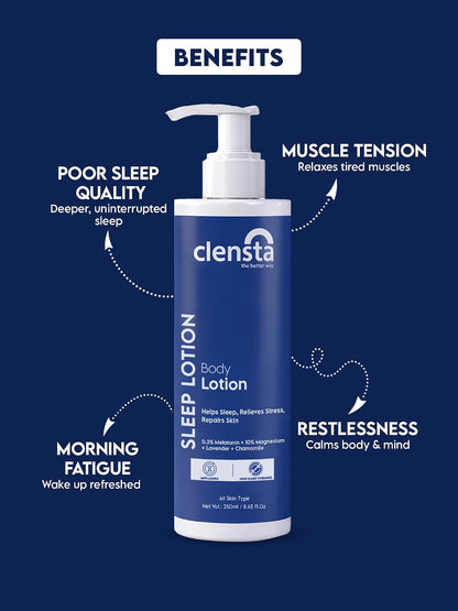 Clensta Sleep Lotion with 0.3% Melatonin & 10% Magnesium | Lavender & Chamomile Oil For Deep & Restful Sleep | Relaxes Muscle, Post workout & Reduces Signs of Aging | 250 ml