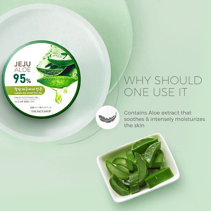 Jeju Aloe gel container with aloe leaves on a light green background