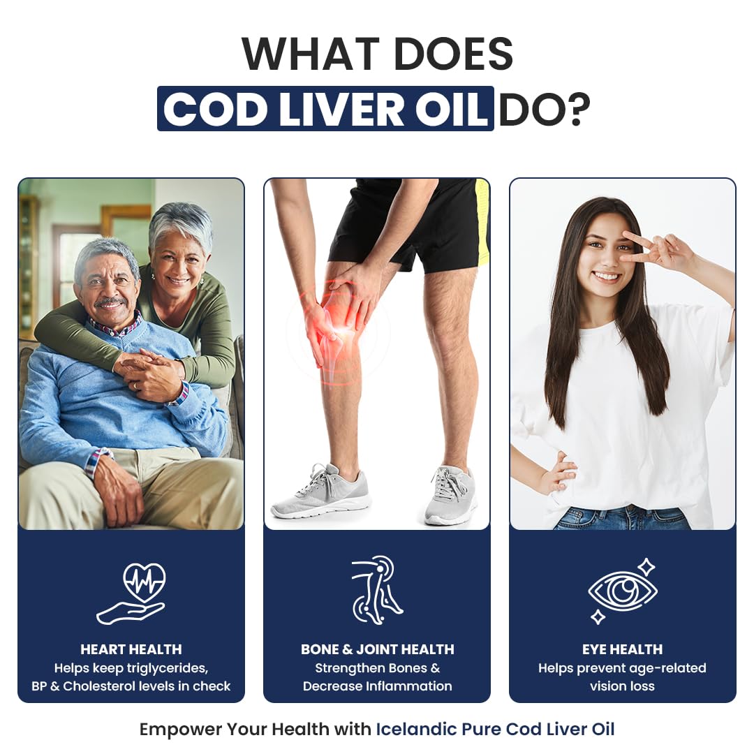 Promotional graphic about the benefits of cod liver oil with images and text.