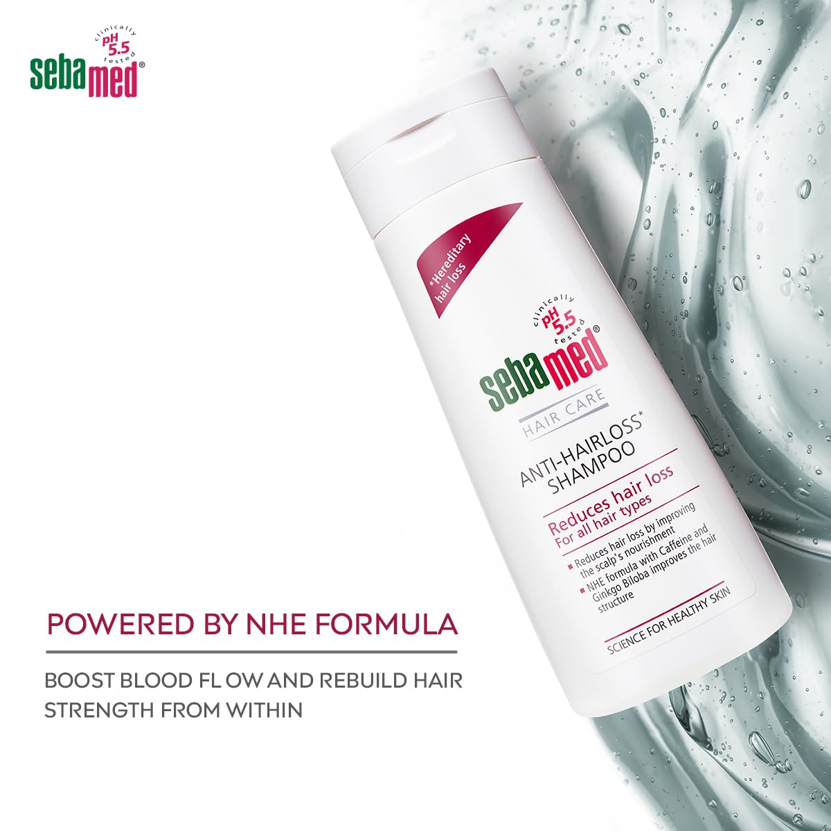 Sebamed shampoo bottle with shampoo lather in the background