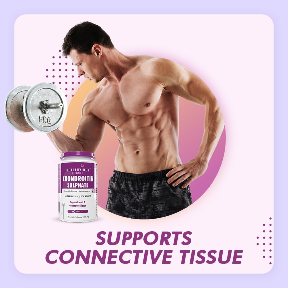 Man lifting weights with a supplement bottle labeled 'Healthvit Chondroitin Sulphate' on a pink and purple gradient background.