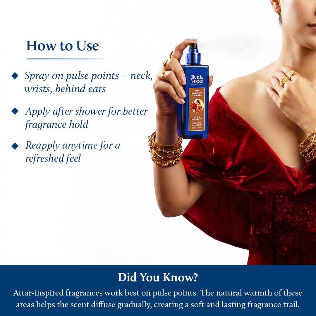 Blue Nectar Maharani Rose Attar Mist with Cumin & Sandalwood | Long-Lasting Perfume Mist for Women | Floral Essence | Travel-Friendly Body Mist Spray (100 ml)