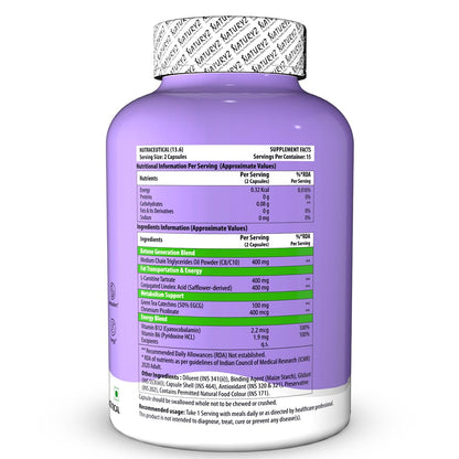 Purple supplement bottle with detailed label on a white background