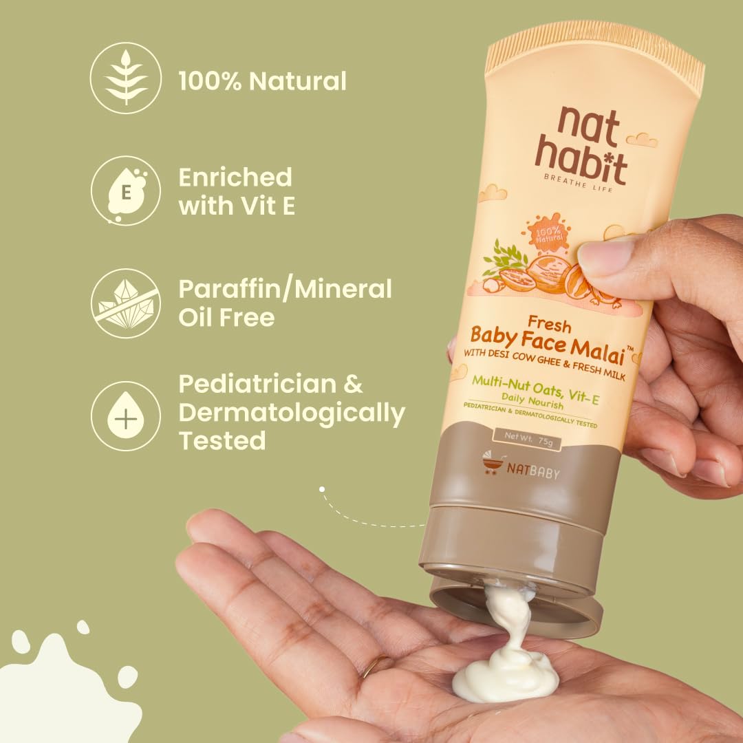 Nat Habit Baby Face Cream – Multi-Nut, Oats & Vitamin E Baby Face Malai for deep, Long-Lasting Moisture, Protects Skin Barrier with Vit E, Chemical Free, Makes Skin Soft & Supple, 75ml