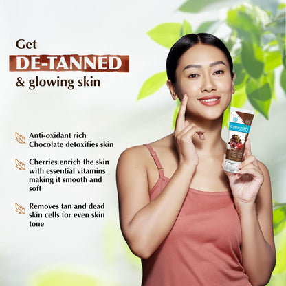 Woman holding a skincare product with text about skin benefits on a light green background