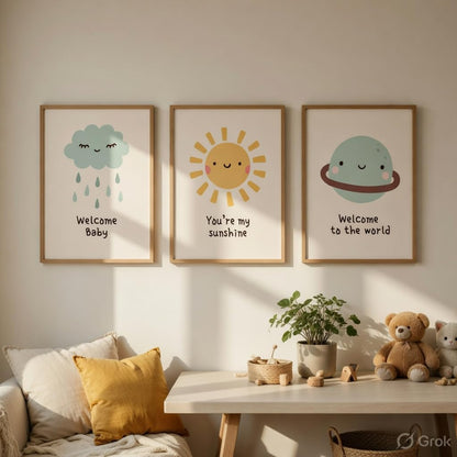Baby Nursery Wall Painting Set of 3 with Wooden Frames | Cute Cloud Sun Planet Kids Room Wall Art | HD Sparkle Printed MDF Cartoon Wall Decor for Nursery, Baby Room & Kids Bedroom