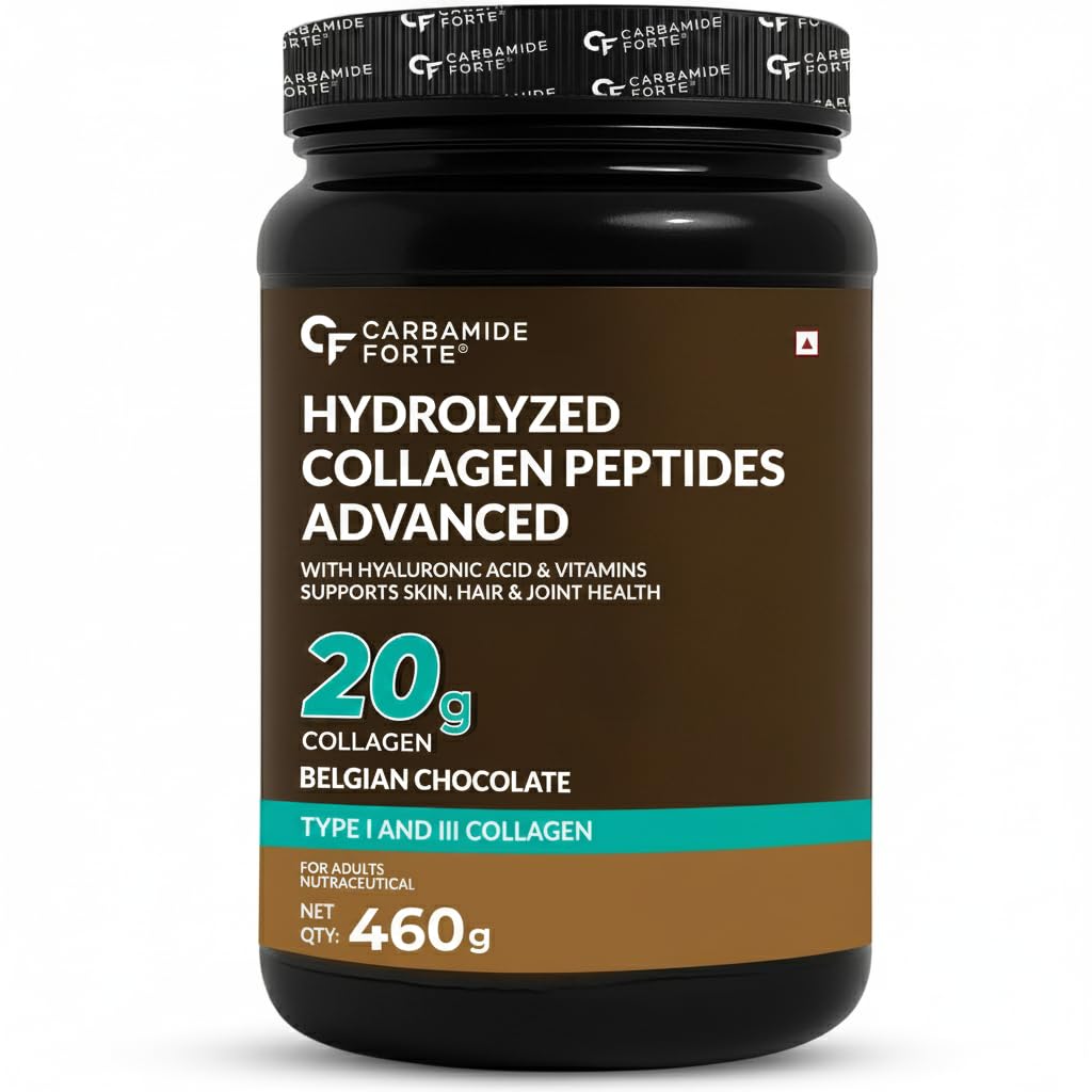 Carbamide Forte Hydrolyzed Collagen Supplements | Collagen Powder for Women & Men with 20g Peptides + 18g Protein Per Scoop | Type I & III with Hyaluronic Acid, Biotin, Vitamin C & E | Belgian Chocolate Flavour | 460g
