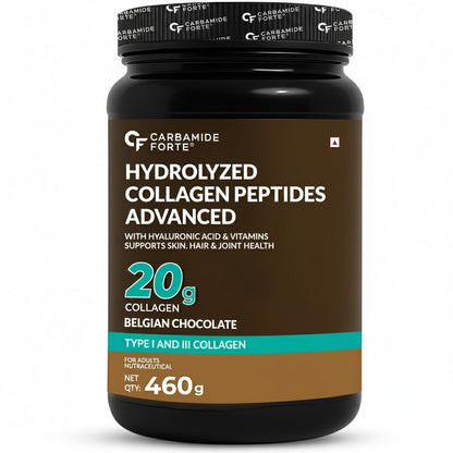 Carbamide Forte Hydrolyzed Collagen Supplements | Collagen Powder for Women & Men with 20g Peptides + 18g Protein Per Scoop | Type I & III with Hyaluronic Acid, Biotin, Vitamin C & E | Belgian Chocolate Flavour | 460g