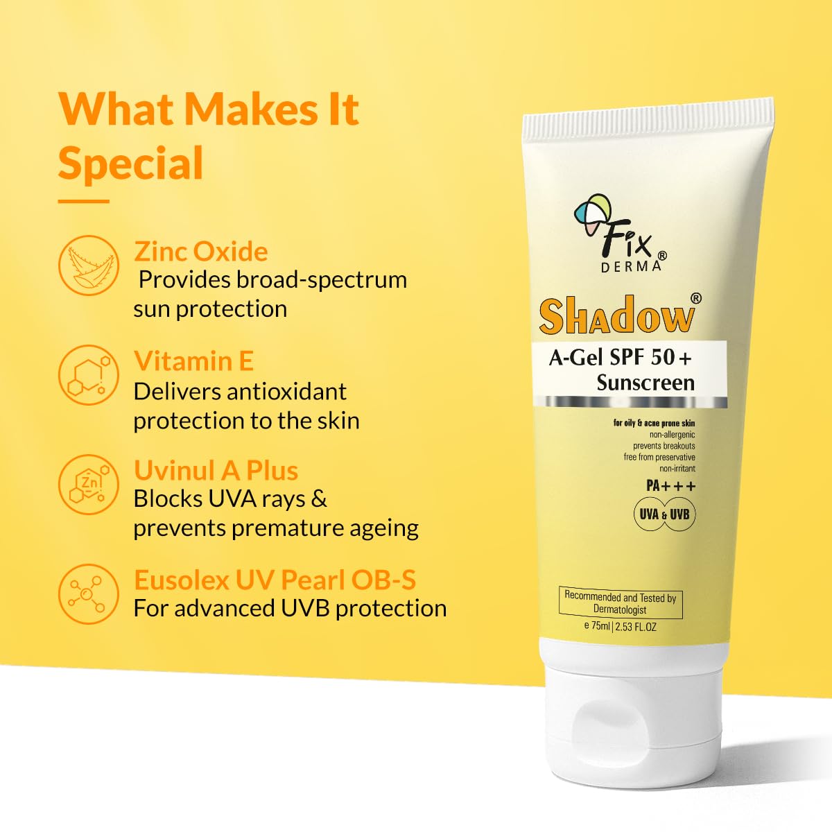 Fixderma Shadow A-Gel SPF 50+ Sunscreen PA+++ | For Oily & Acne-Prone Skin | Lightweight | Non-Greasy | No White Cast | Broad Spectrum For UVA & UVB Protection | For Men & Women | 75gm