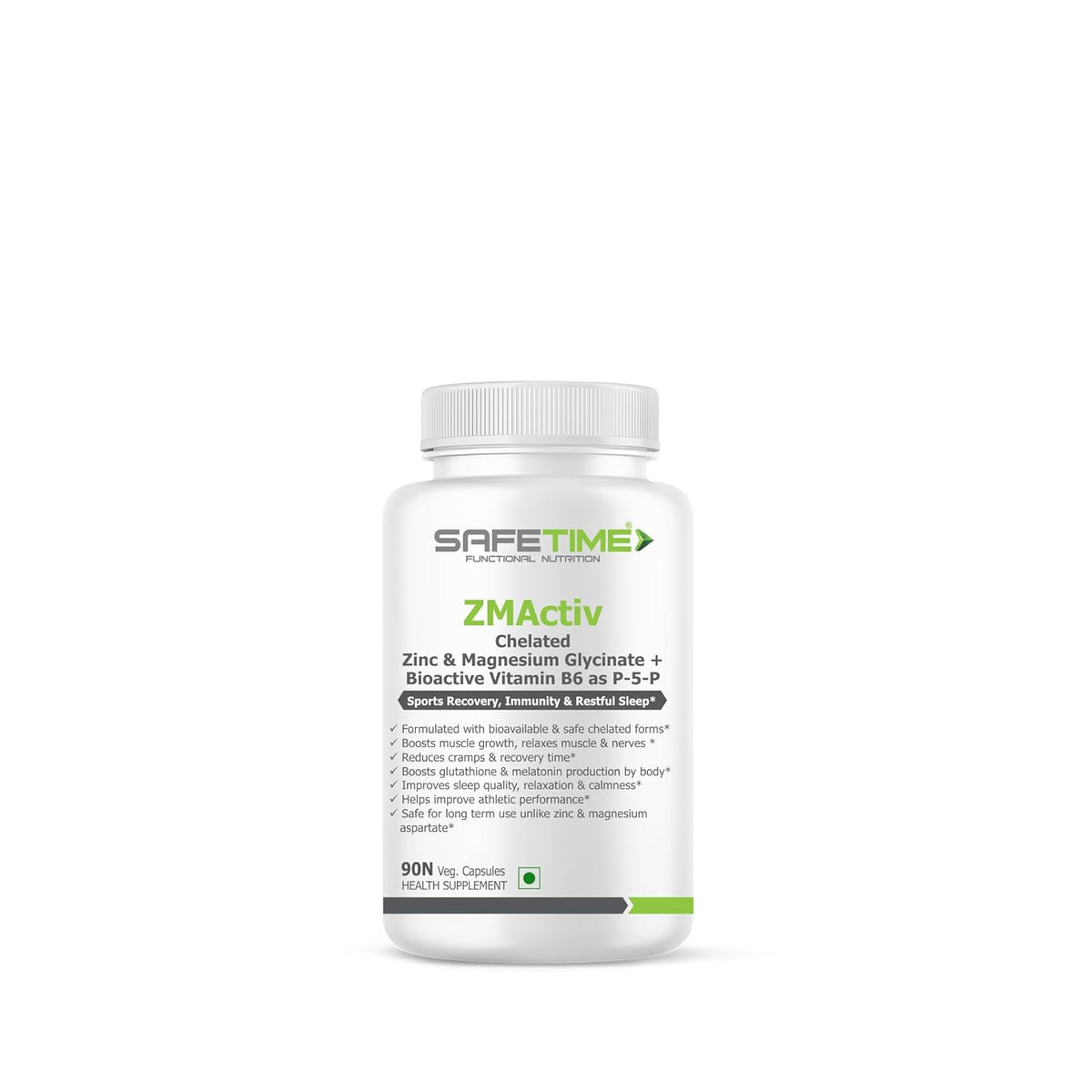 Supplement bottle labeled 'SafeTime' on a white background