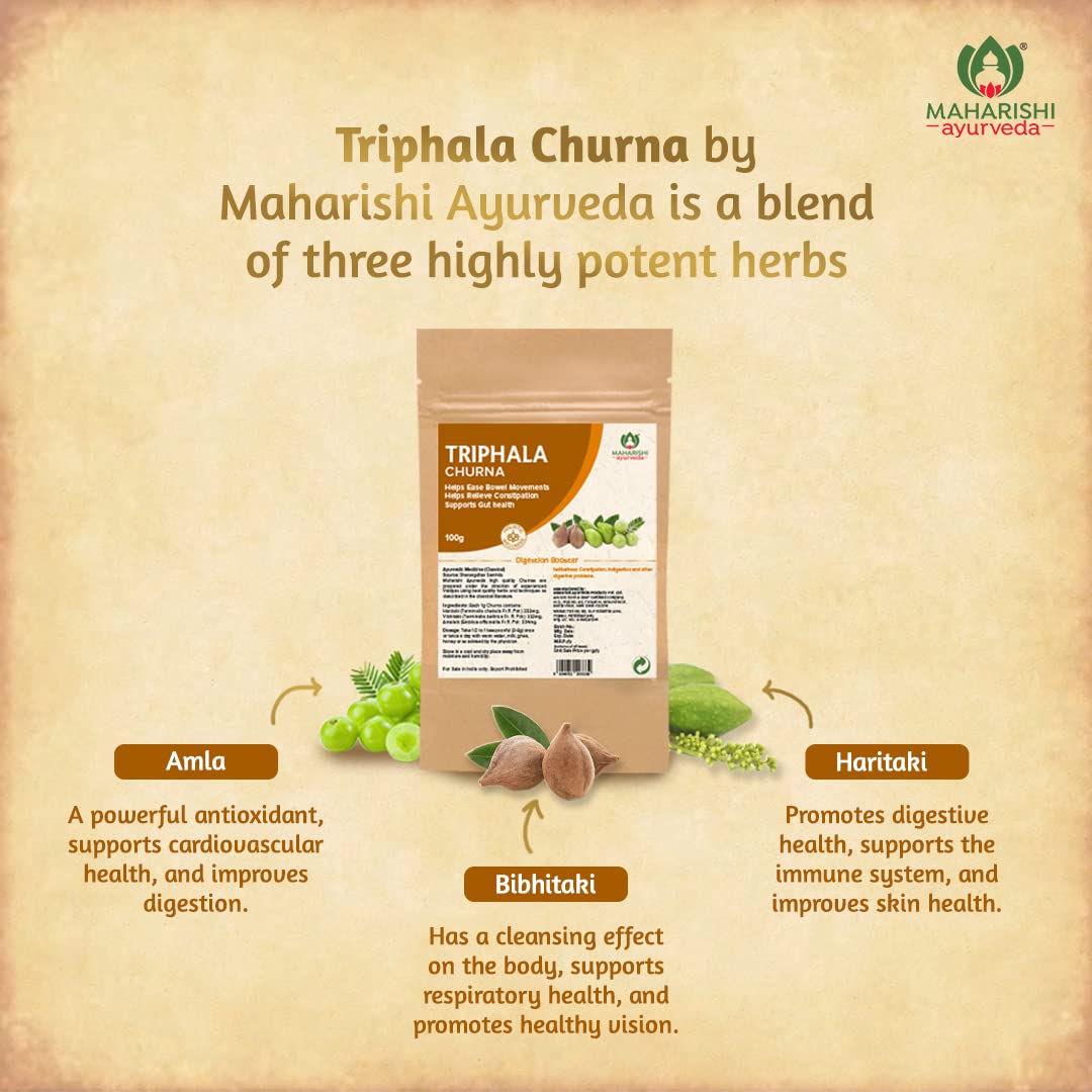 Zephivo Maharishi Ayurveda Triphala Churna 100 gm | Triphala Powder with Haritaki, Amalaki, Vibhitaki | For Bowel Movement | Relieves Constipation | For Digestion, Gut Health, Gas & Acidity Relief
