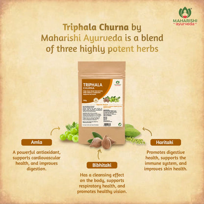 Zephivo Maharishi Ayurveda Triphala Churna 100 gm | Triphala Powder with Haritaki, Amalaki, Vibhitaki | For Bowel Movement | Relieves Constipation | For Digestion, Gut Health, Gas & Acidity Relief
