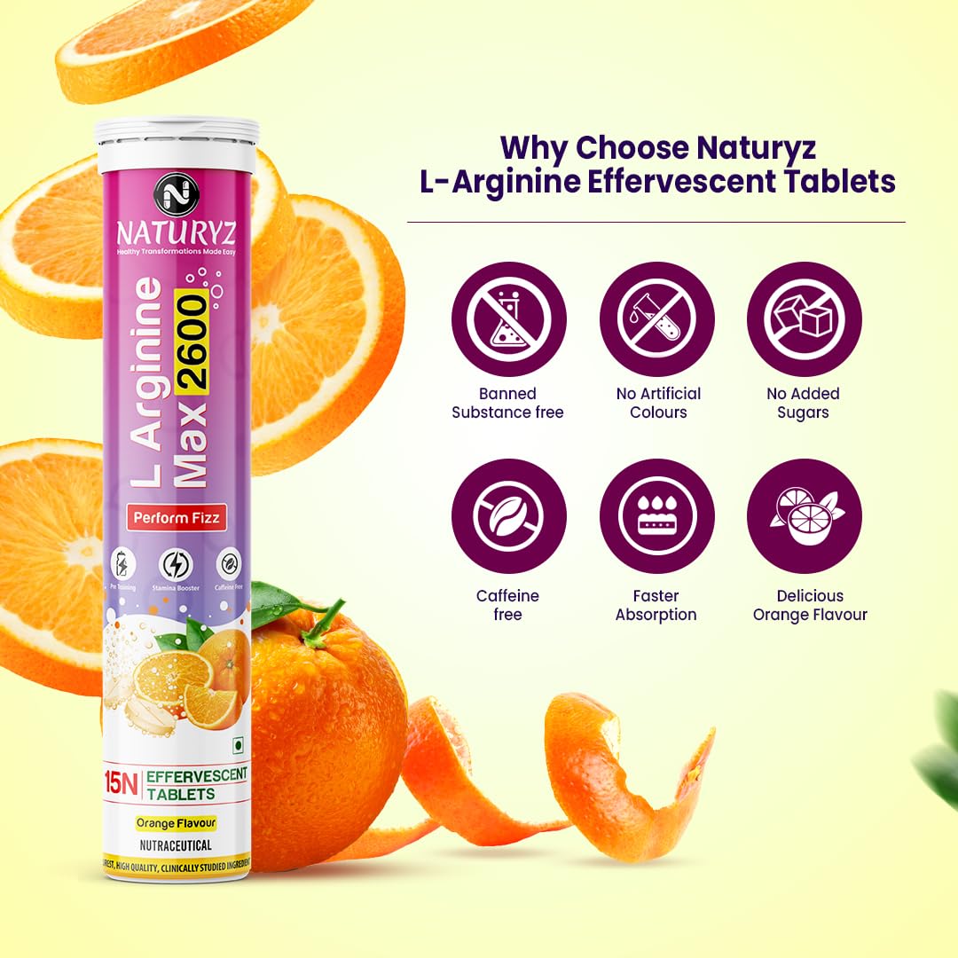 Naturyz L-Arginine Max 2600 effervescent tablets with oranges on a yellow background