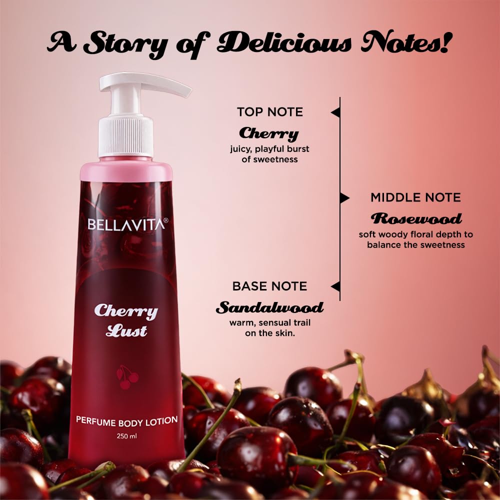 Bellavita Cherry Lust perfume body lotion with cherry-themed design and flavor description on a pink background.