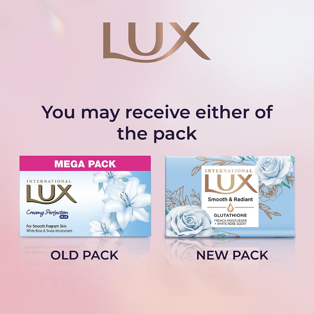 LUX International Smooth & Radiant Bathing Soap 4 x130g, LUXURIOUS BATHING EXPERIENCE, Smooth & Moisturized skin, with Glutathione & French Moisturizer, Improves Skin Texture, White Rose Fragrance