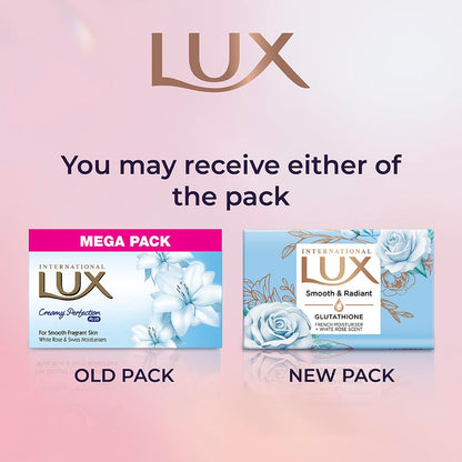 LUX International Smooth & Radiant Bathing Soap 4 x130g, LUXURIOUS BATHING EXPERIENCE, Smooth & Moisturized skin, with Glutathione & French Moisturizer, Improves Skin Texture, White Rose Fragrance