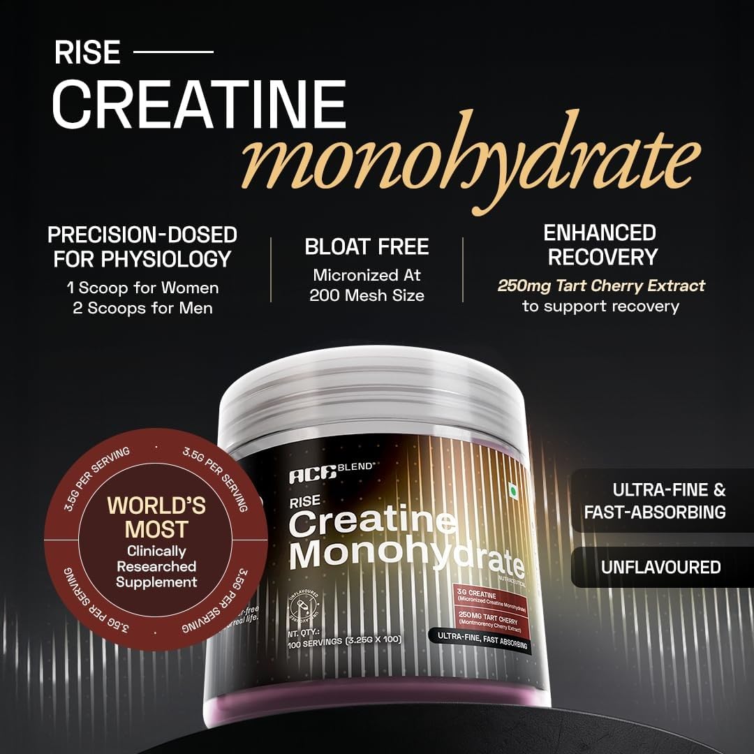 Ace Blend Micronised Creatine Powder 100 Servings | Tart Cherry Extract | For Strength, Endurance And Recovery | Creatine Monohydrate | Big Muscle Protein Support| High Absorption | 325g