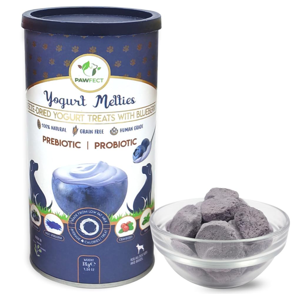 Pawfect Yogurt Melties Freeze Dried Pre and Probiotic Dog Treats with Blueberry, Cranberry, Blue Spirulina & Mint - Healthy Gut - Low Calories - Grain & Gluten Free - Training Treats (38g/1.34oz)
