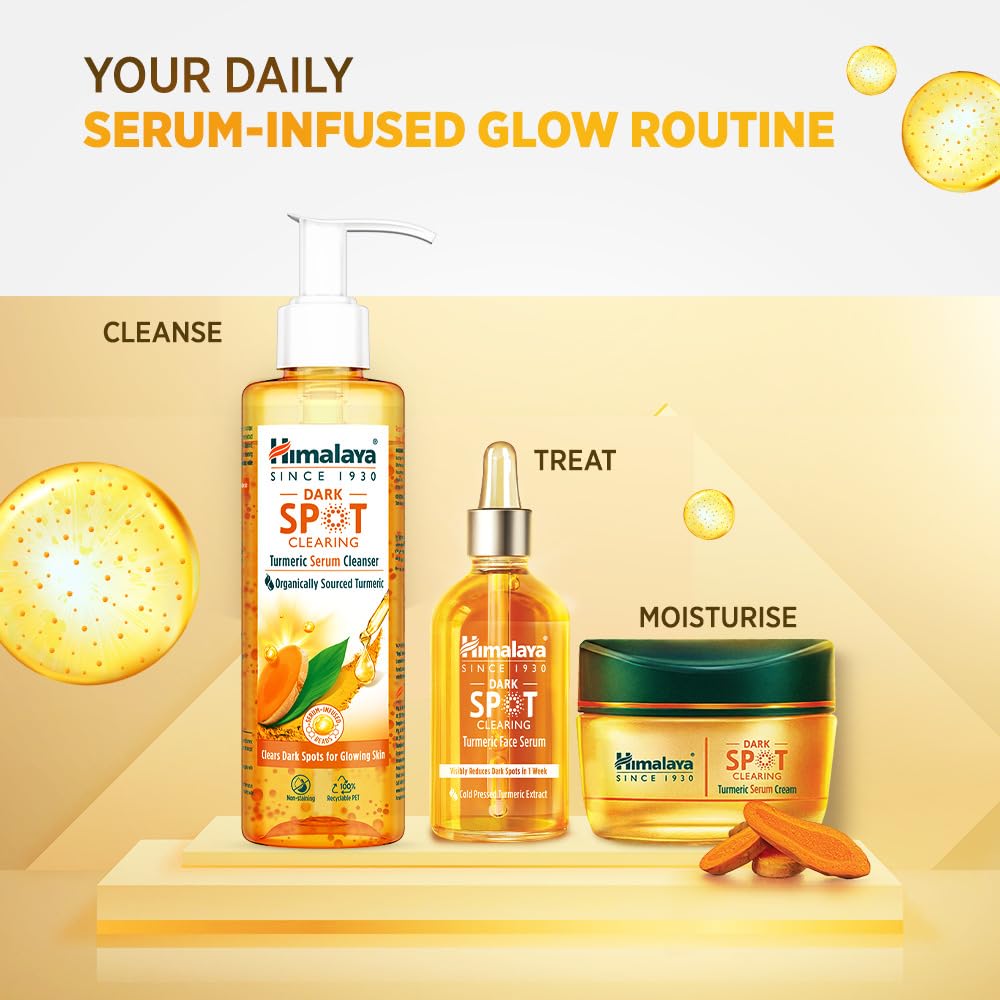 Himalaya skincare products for a daily serum-infused glow routine on a yellow background.