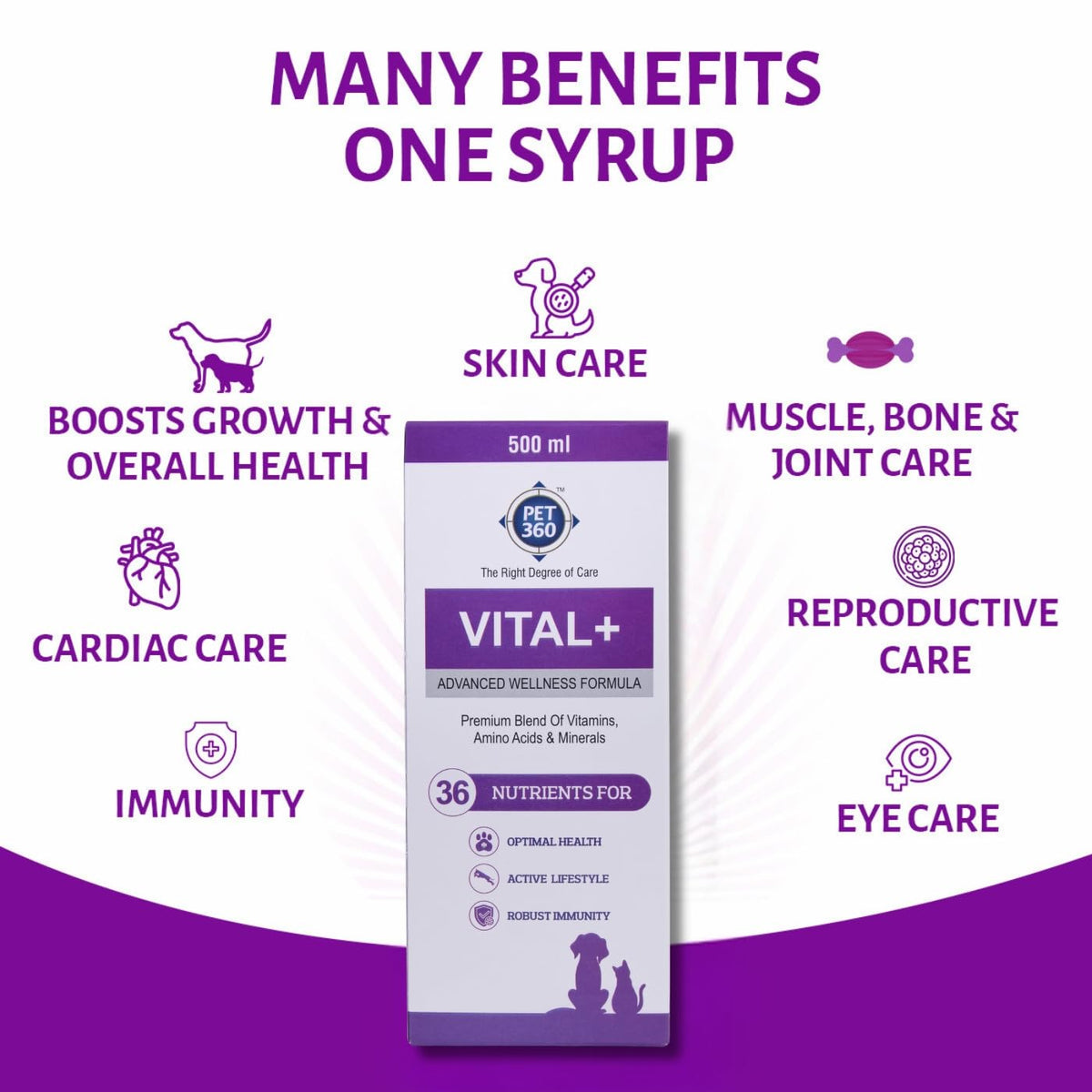 PET360 Vital+ Advanced Wellness Formula | Daily Multivitamin Syrup | Healthy Skin, Joints, Immunity & Growth | Nutritional Supplement for Dogs & Cats- 500 ml