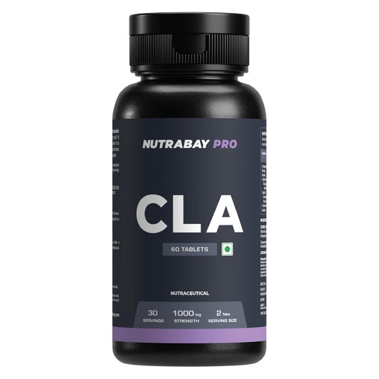 Black supplement bottle labeled 'CLA' with Nutrabay Pro branding on a white background