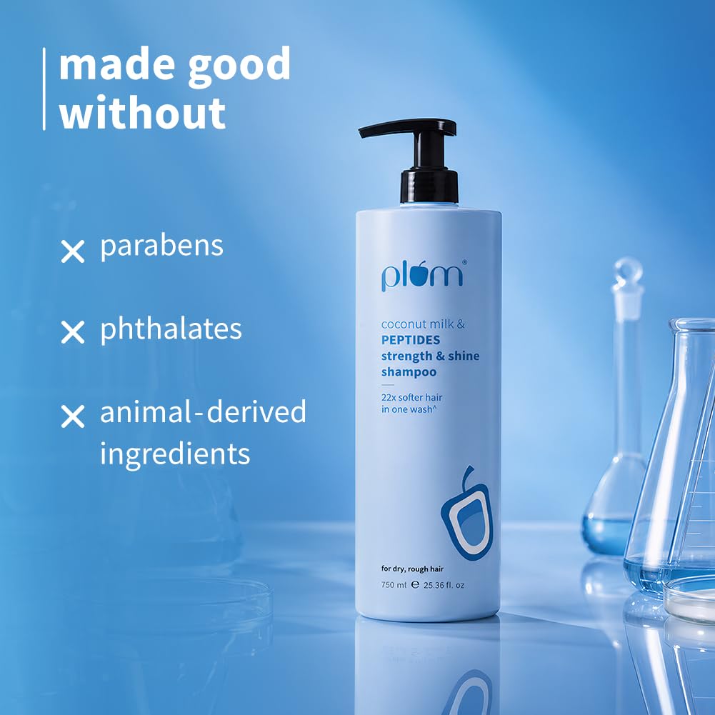 Plum Coconut Milk & Peptides Strength & Shine Shampoo | 22X Smoother Hair | With Coconut Milk & Pea Peptide | Smoothening & Strengthening | Paraben-Free, 100% Vegan, 750ml