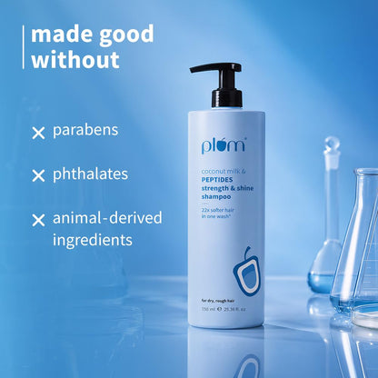 Plum Coconut Milk & Peptides Strength & Shine Shampoo | 22X Smoother Hair | With Coconut Milk & Pea Peptide | Smoothening & Strengthening | Paraben-Free, 100% Vegan, 750ml